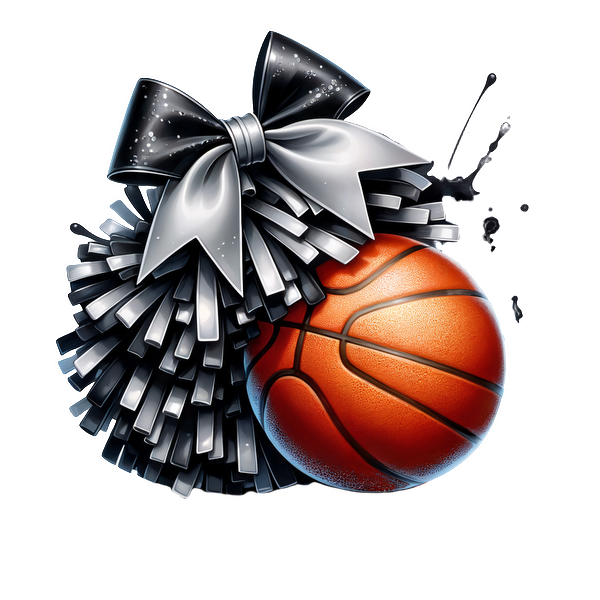 Una ilustración vibrante que presenta una pelota de baloncesto adornada con un pompón y un lazo de animadora en negro y plata brillante, que muestra el espíritu de equipo. Transferencias DTF