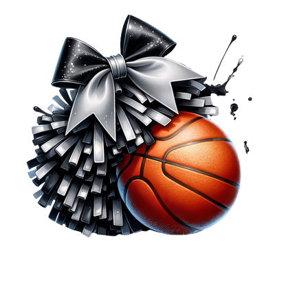 Una ilustración vibrante que presenta una pelota de baloncesto adornada con un pompón y un lazo de animadora en negro y plata brillante, que muestra el espíritu de equipo. Transferencias DTF