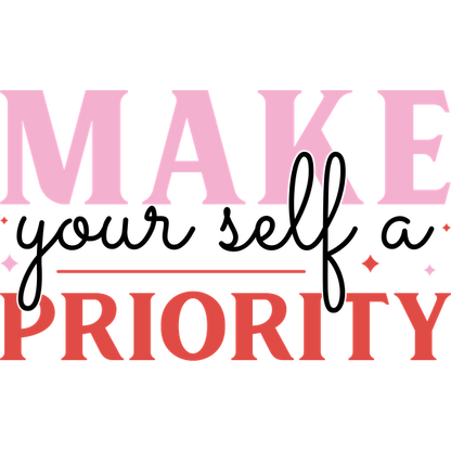 Un diseño vibrante y divertido que presenta la frase "MAKE PRIORITY", combinando colores rosa y rojo para lograr un efecto llamativo.