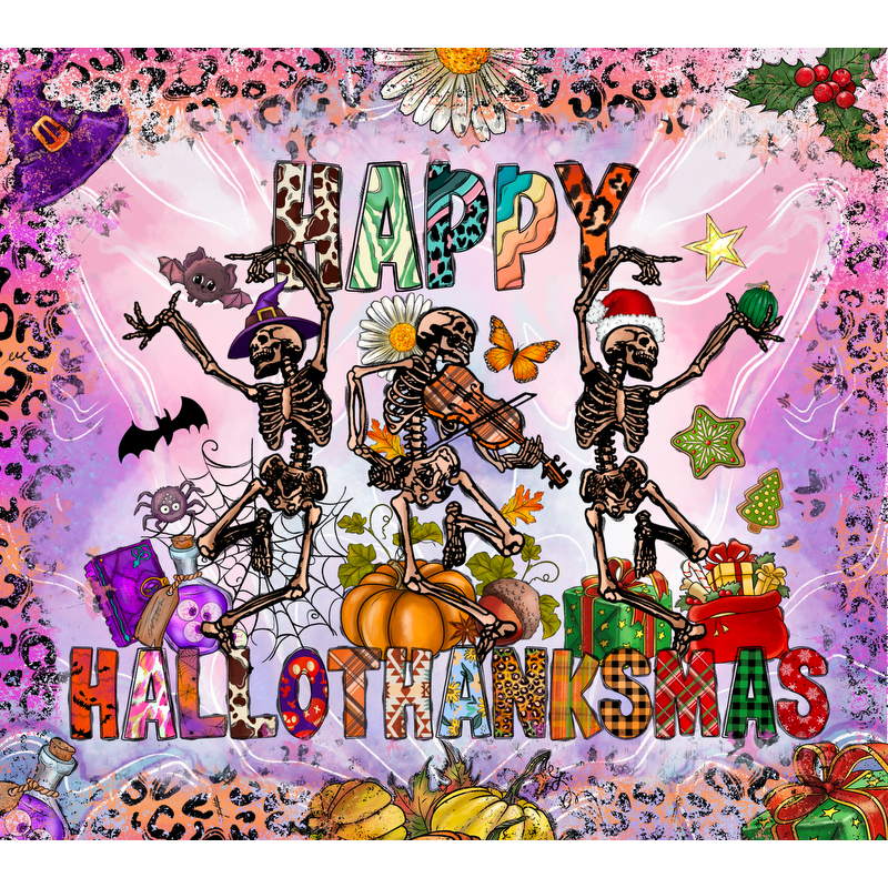 Celebrate the festive spirit with playful skeletons in a vibrant collage of Halloween, Thanksgiving, and Christmas elements!DTF Transfersdtf regular iron dtf transfers