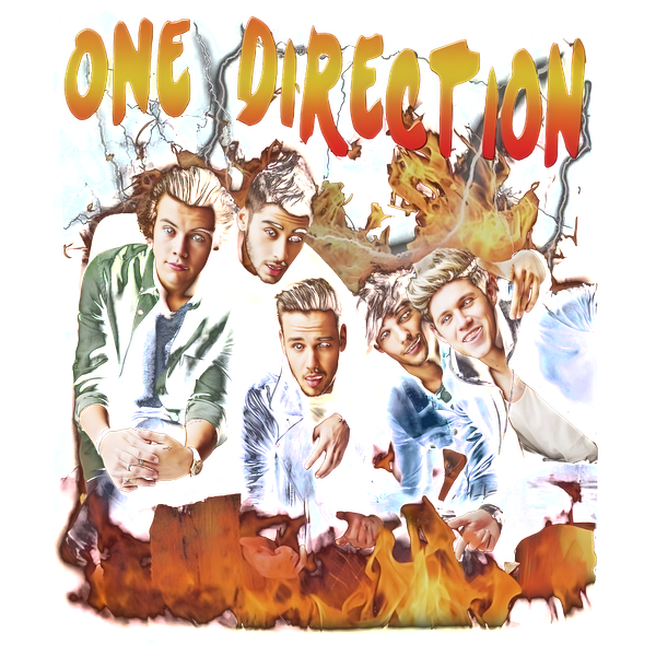 A vibrant and energetic artwork featuring the band One Direction with colorful flames and a bold title overhead.DTF Transfers dtf transfers