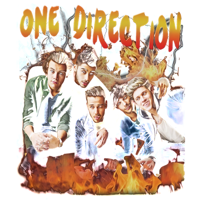 A vibrant and energetic artwork featuring the band One Direction with colorful flames and a bold title overhead.DTF Transfers dtf transfers