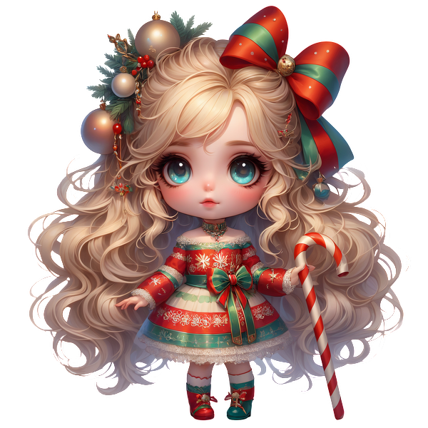 This adorable Christmas doll features long, curly hair adorned with festive ornaments, wearing a striped dress and holding a candy cane.DTF Transfers