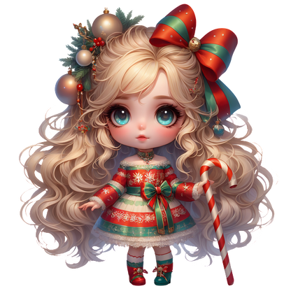 This adorable Christmas doll features long, curly hair adorned with festive ornaments, wearing a striped dress and holding a candy cane.DTF Transfers