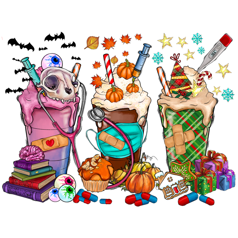 A vibrant and whimsical illustration featuring three creative drinks adorned with seasonal treats, playful elements, and quirky accessories like skulls and stethoscopes.DTF Transfers dtf prints