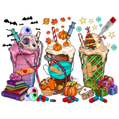 A vibrant and whimsical illustration featuring three creative drinks adorned with seasonal treats, playful elements, and quirky accessories like skulls and stethoscopes.DTF Transfers dtf prints