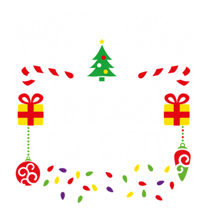 A festive design featuring the phrase "Most Likely to Shake the Gifts" surrounded by candy canes, gifts, and holiday decorations.DTF Transfers heat press transfers dtf prints