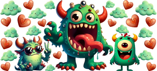 A playful collection of colorful, cartoonish monsters with big smiles and hearts, perfect for a fun-filled theme!UV Transfersdtf regular iron