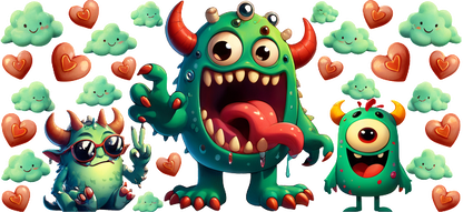 A playful collection of colorful, cartoonish monsters with big smiles and hearts, perfect for a fun-filled theme!UV Transfersdtf regular iron