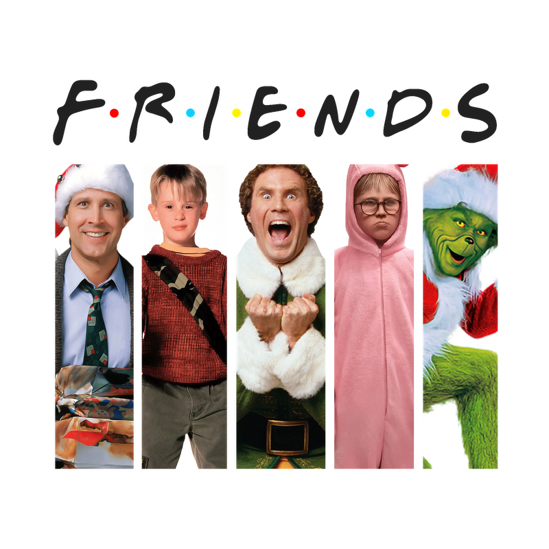 A fun collage featuring characters in festive attire from popular holiday-themed shows, celebrating friendship and holiday spirit.DTF Transfers heat press transfersdtf regular iron