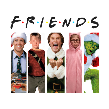 A fun collage featuring characters in festive attire from popular holiday-themed shows, celebrating friendship and holiday spirit.DTF Transfers heat press transfersdtf regular iron