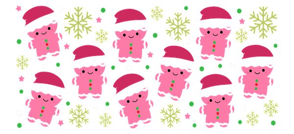 A festive pattern featuring cute pink gingerbread figures wearing Santa hats, surrounded by snowflakes and colorful decorations.UV Transfers heat press transfers