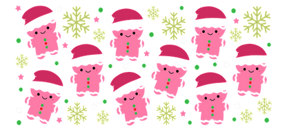 A festive pattern featuring cute pink gingerbread figures wearing Santa hats, surrounded by snowflakes and colorful decorations.UV Transfers heat press transfers