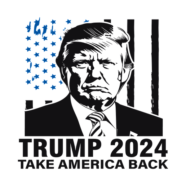 Un gráfico que presenta un retrato estilizado de un político con las palabras "TRUMP 2024" y "TAKE AMERICA BACK" (RECUPERAR AMÉRICA) claramente visibles.