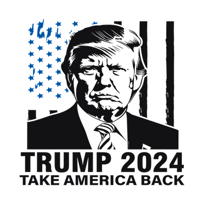 Un gráfico que presenta un retrato estilizado de un político con las palabras "TRUMP 2024" y "TAKE AMERICA BACK" (RECUPERAR AMÉRICA) claramente visibles.