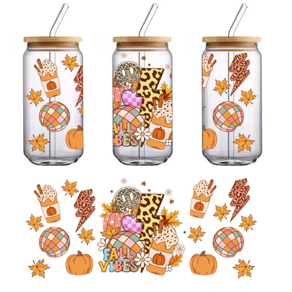 Celebrate the season with vibrant fall-themed graphics featuring pumpkins, leaves, and stylish latte cups, capturing cozy autumn vibes!UV Transfers dtf prints
