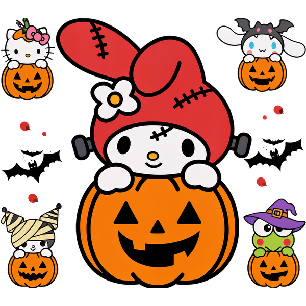 A playful Halloween-themed illustration featuring My Melody and friends, all surrounded by cheerful pumpkins and spooky bats.DTF Transfers heat press transfers