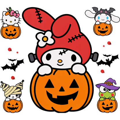 A playful Halloween-themed illustration featuring My Melody and friends, all surrounded by cheerful pumpkins and spooky bats.DTF Transfers heat press transfers