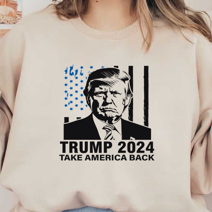 Un gráfico que presenta un retrato estilizado de un político con las palabras "TRUMP 2024" y "TAKE AMERICA BACK" (RECUPERAR AMÉRICA) claramente visibles.