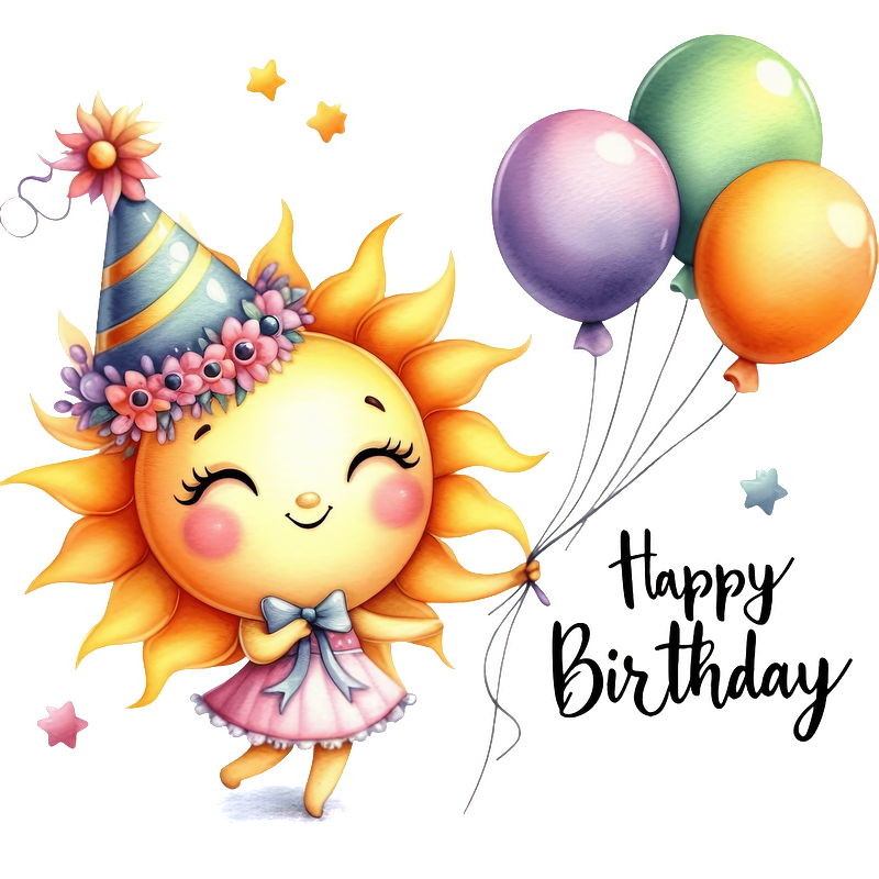 A cheerful sun character in a party hat holds colorful balloons, celebrating with a "Happy Birthday" message.DTF Transfers
