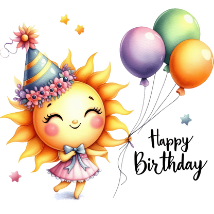 A cheerful sun character in a party hat holds colorful balloons, celebrating with a "Happy Birthday" message.DTF Transfers