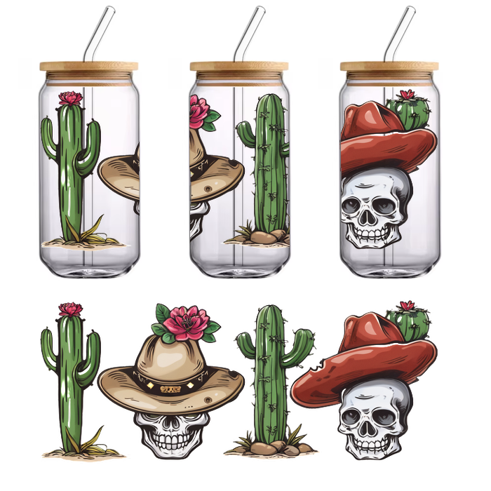 A colorful and whimsical illustration featuring skulls adorned with hats beside cacti, blending Mexican motifs with vibrant floral accents.UV Transfers dtf prints