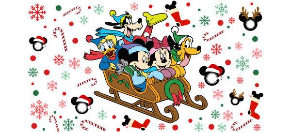 Celebrate the holidays with Mickey Mouse and friends joyfully riding in a sleigh amidst festive decorations and winter cheer!UV Transfers