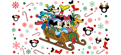 Celebrate the holidays with Mickey Mouse and friends joyfully riding in a sleigh amidst festive decorations and winter cheer!UV Transfers