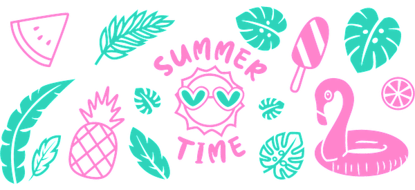 Fun summer-themed illustration featuring vibrant colors, tropical elements, and playful designs.UV Transfers