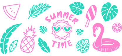 Fun summer-themed illustration featuring vibrant colors, tropical elements, and playful designs.UV Transfers