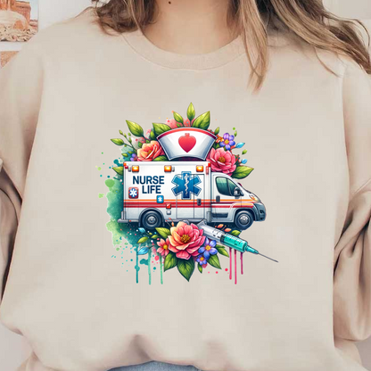 A vibrant illustration of an ambulance surrounded by flowers and a syringe, celebrating the theme "Nurse Life."DTF Transfers