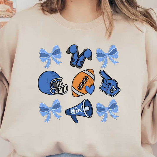 A vibrant collection of football-themed items, including a helmet, football, cheerleading megaphone, and decorative blue bows. heat press transfers