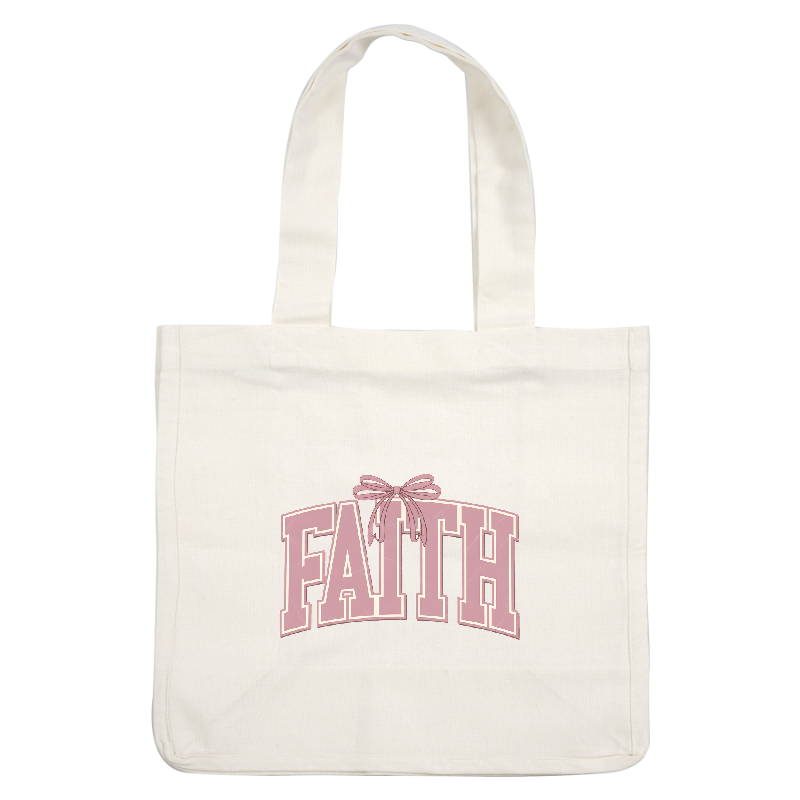 A stylish script graphic reading "FAITH," accented with a delicate bow, in soft pink tones.DTF Transfers
