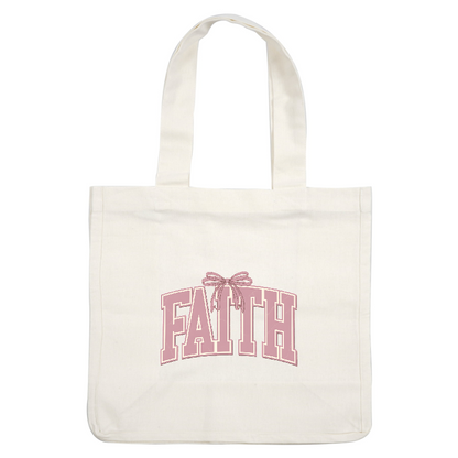 A stylish script graphic reading "FAITH," accented with a delicate bow, in soft pink tones.DTF Transfers