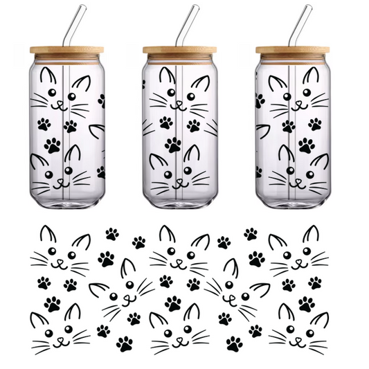 A black pouch with cat faces and paw prints on it.UV Transfers