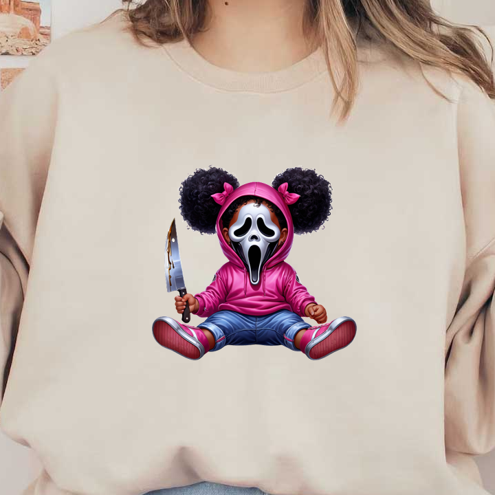 Una representación caprichosa de un niño con una sudadera con capucha rosa y jeans, usando una máscara espeluznante y sosteniendo un cuchillo.