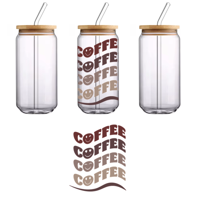 A fun and stylish graphic featuring the word "coffee" in various colors and playful typography.UV Transfers dtf prints