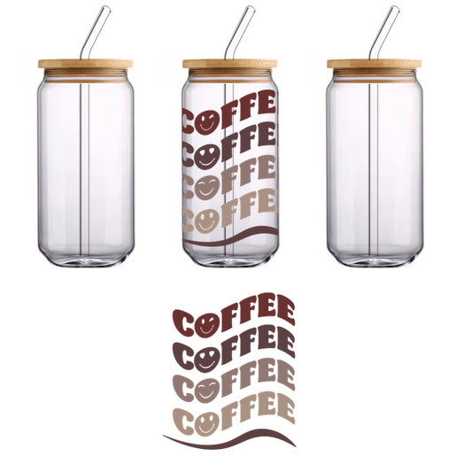 A fun and stylish graphic featuring the word "coffee" in various colors and playful typography.UV Transfers dtf prints