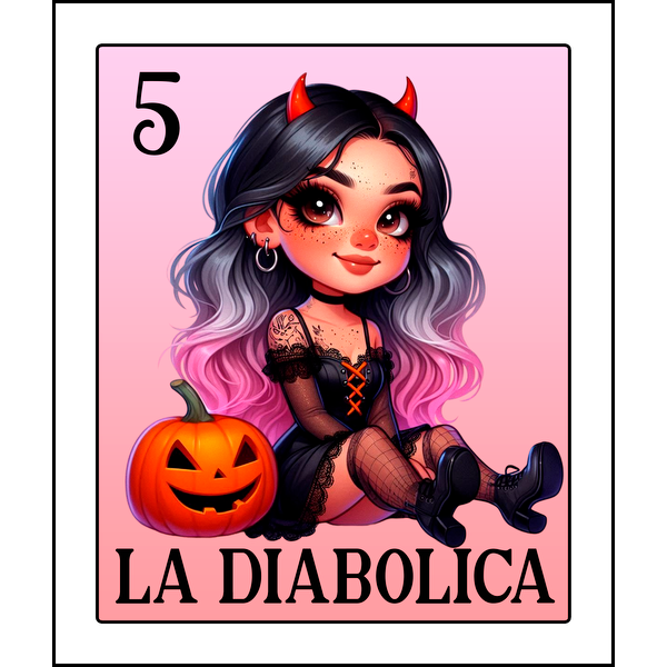 Una divertida ilustración de una niña con cuernos de diablo, un atuendo elegante y una calabaza, perfecta para el ambiente de Halloween.