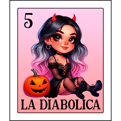 Una divertida ilustración de una niña con cuernos de diablo, un atuendo elegante y una calabaza, perfecta para el ambiente de Halloween.