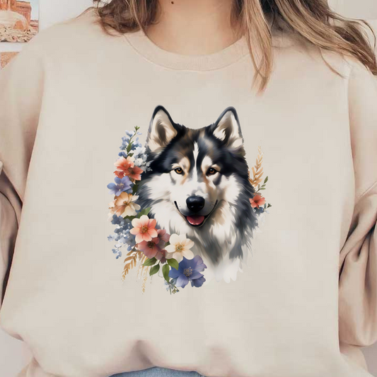 Un hermoso lobo sonriente rodeado de una variedad de flores coloridas, capturando una mezcla de elegancia de la naturaleza y encanto salvaje.