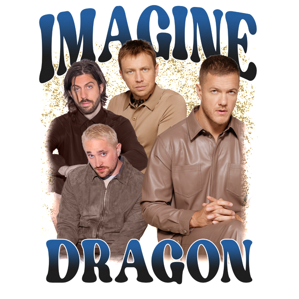 A vibrant image featuring the band Imagine Dragons with bold text showcasing their name, highlighting their dynamic presence.DTF Transfers dtf prints