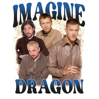 A vibrant image featuring the band Imagine Dragons with bold text showcasing their name, highlighting their dynamic presence.DTF Transfers dtf prints