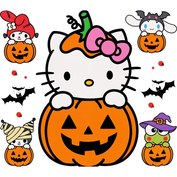 Celebrate Halloween with these adorable characters, featuring Hello Kitty and friends playfully posed around cheerful jack-o'-lanterns!DTF Transfers dtf prints