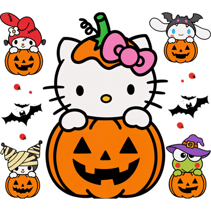 Celebrate Halloween with these adorable characters, featuring Hello Kitty and friends playfully posed around cheerful jack-o'-lanterns!DTF Transfers dtf prints