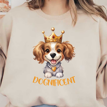 Una encantadora ilustración de un perro feliz con una corona real, acompañado del divertido texto "DOGnificent".