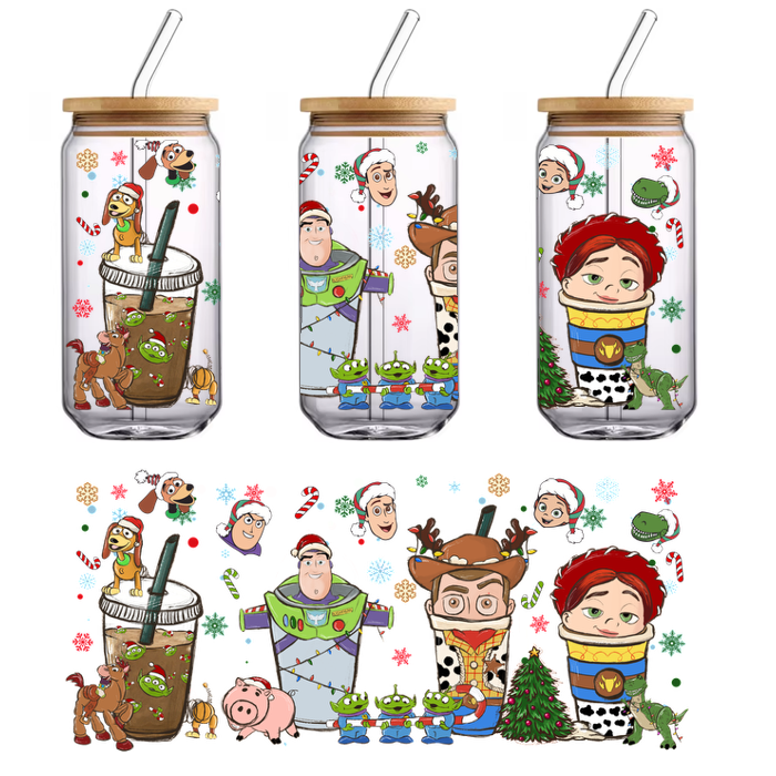 Festively designed cup characters inspired by beloved animated toys, featuring playful holiday elements like candy canes and Christmas trees.UV Transfers heat press transfers