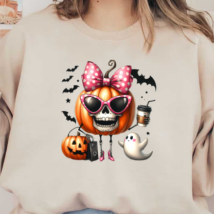 Un peculiar personaje de Halloween que presenta una cabeza de calabaza con gafas de sol, un lazo de lunares, un fantasma y una taza de café.