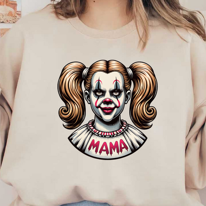 Una espeluznante ilustración de payaso que presenta a una niña con coletas, cara pintada y un vestido con la etiqueta "MAMA".