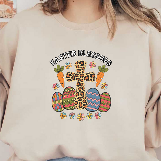 A vibrant Easter design featuring a leopard print cross surrounded by colorful eggs and cheerful flowers.DTF Transfers
